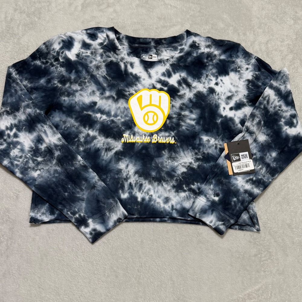 New Era Milwaukee Brewers Crop Top Women Large Navy Tie Dye MLB Long Sleeve NEW - Picture 2 of 12